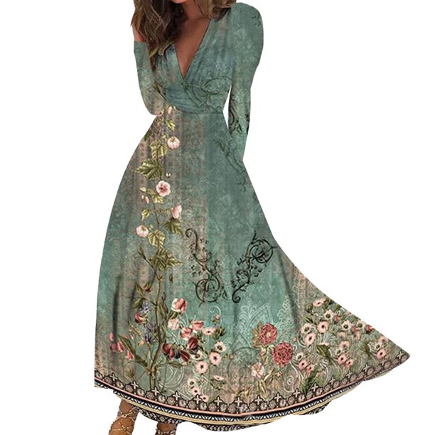 Gibobby Vestido de punto para mujer Vestido casual elegante de moda de otoño e invierno con cuello en V y estampado floral de manga larga para mujer(Verde,M)