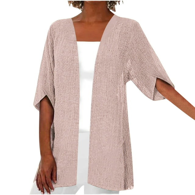 Penkiiy Cardigans for Women Cardigan Court Décontracté à Manches 3/4 en Lin Léger Ouvert Mince Automne Tendance m Rose