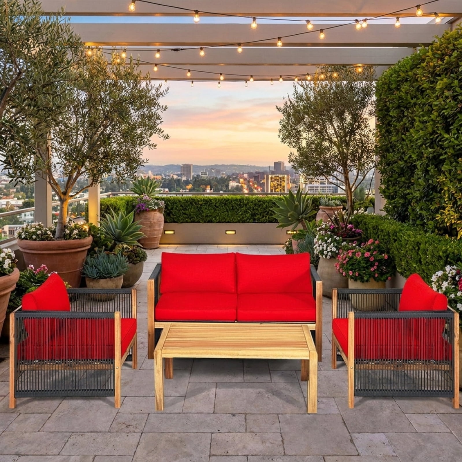 Furnibear 4 Piece Outdoor Patio Furniture Set Acacia Wood Conversation Set with Cushioned Loveseat Chairs and Coffee Table for Backyard, Red