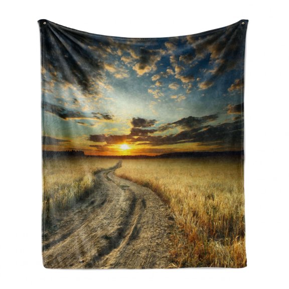 Nature Soft Flannel Fleece Throw Blanket, Road in the Field with Ripe Yellow Wheat Garden Under Cloudy Sunset Sky Landscape, Cozy Plush for Indoor and Outdoor Use, 50" x 60", Multicolor, by Ambesonne