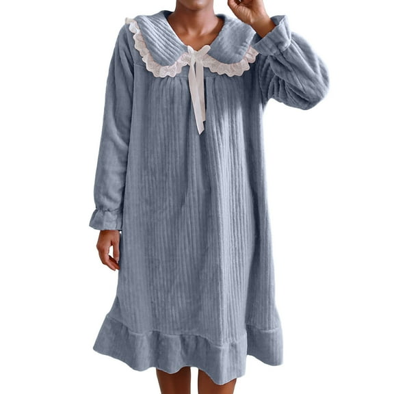 Tnhcen Women's Winter Flannel Nightgown Fleece Lined Thermal Sleepwear Princess Style Bow Decorated Mid-Calf Length Cozy Warm Night Dress M-2XL
