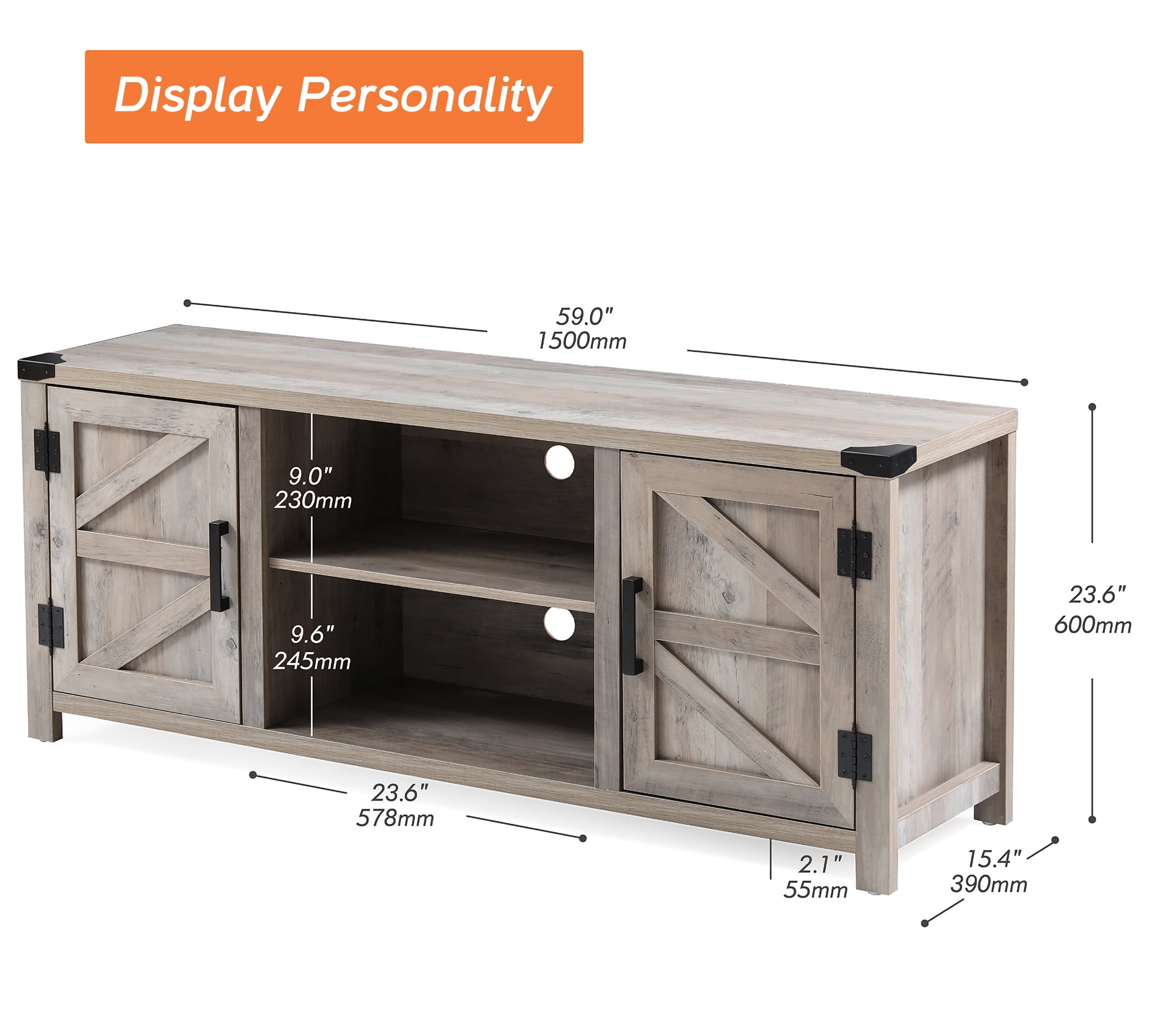 Barn Door TV Stand for 70 inch Flat Screen, Media Console Table Storage Cabinet in Rustic Wash Grey, Entertainment Center for Living Room