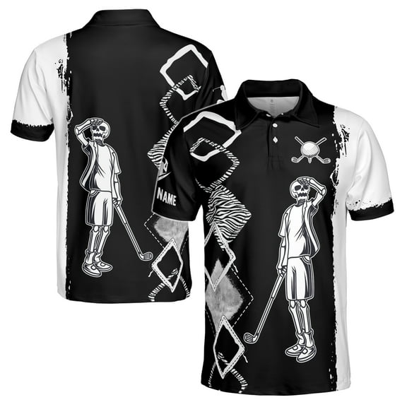 Custom Name Golf Skull Golfer Zebra Argyle Pattern Men's Polo S-5XL