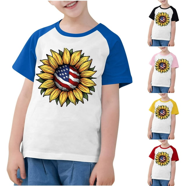 MKOSPLRT T-Shirts Drapeau Américain Tournesol Enfants Garçons Filles Manches Courtes à Blocs de Couleur Raglan T-Shirts Col Rond T-Shirts du 4 Juillet 3-14 Ans