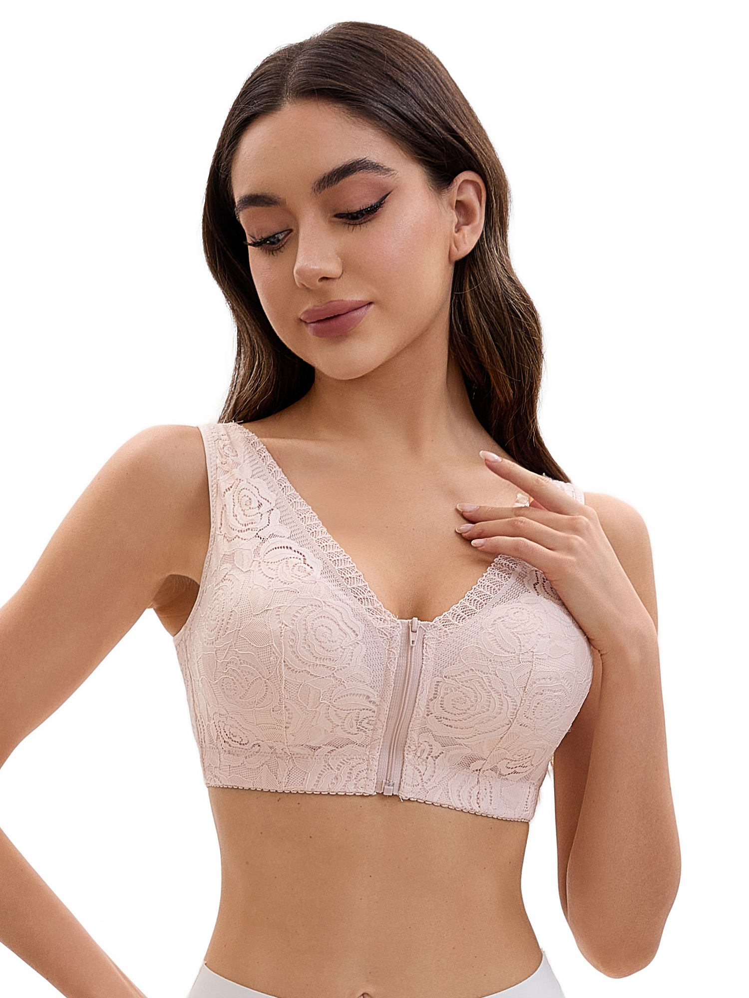 Unique Bargains Women's Lace Zip Front Closure Wirefree Wide Straps Bras D 46 Pink