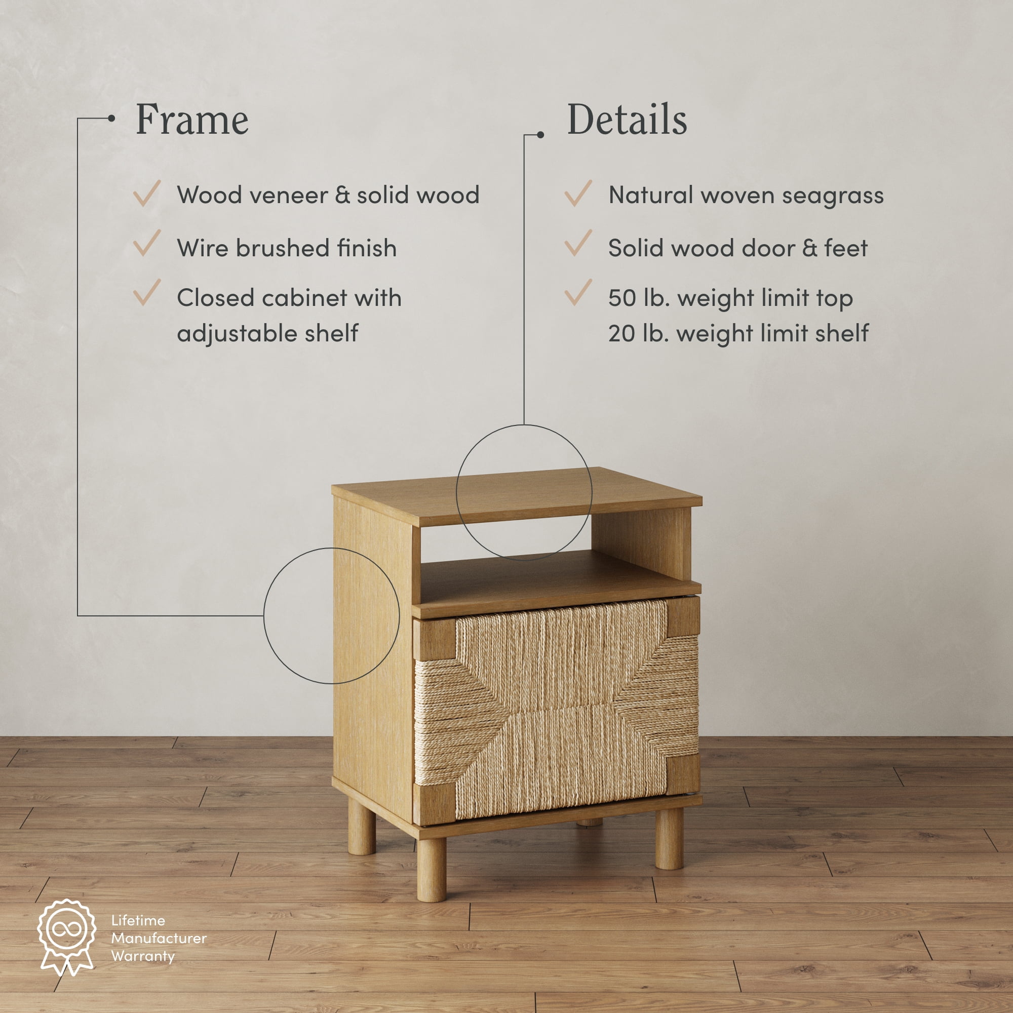 Nathan James Beacon Wood Nightstand, Bohemian Accent Table or Sofa Side Table with Seagrass Door for Bedroom or Living Room, Light Brown