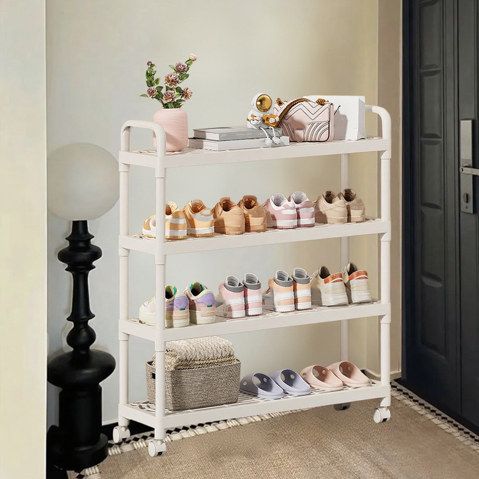 27.6x20.1x7.9 in Rolling Plastic Shoe Rack, Stackable & Detachable, Fits Boots & Sneakers, White Rust-Proof Entryway/Dorm/Garage Storage