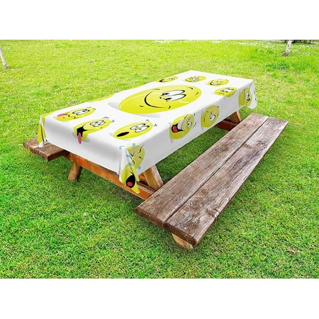 Sports Outdoor Tablecloth, Tennis Ball Cartoon Characters Cheerful Silly Funny Surprised Confused, Decorative Washable Picnic Table Cloth, 58" X 120", White Yellow