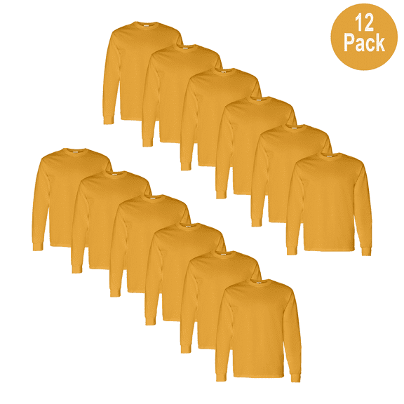 Gildan Long Sleeve Durable T-Shirt, Men's Heavy Cotton Crew Neck Classic Fit Tee, Gold, S, 12 Pack