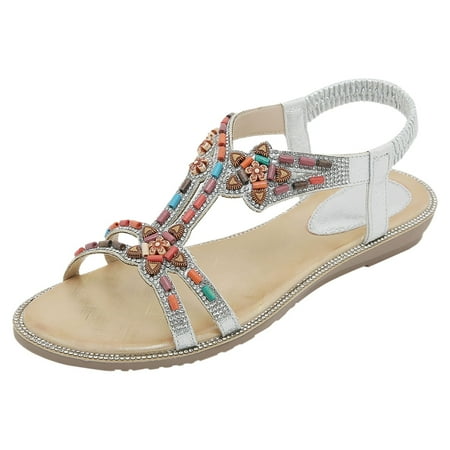 

PEASKJP Sandals Women Women’s Flat Sandals Open Toe Elastic Ankle Strap Slip on Comfy Low Wedge Sandals (Silver 7)