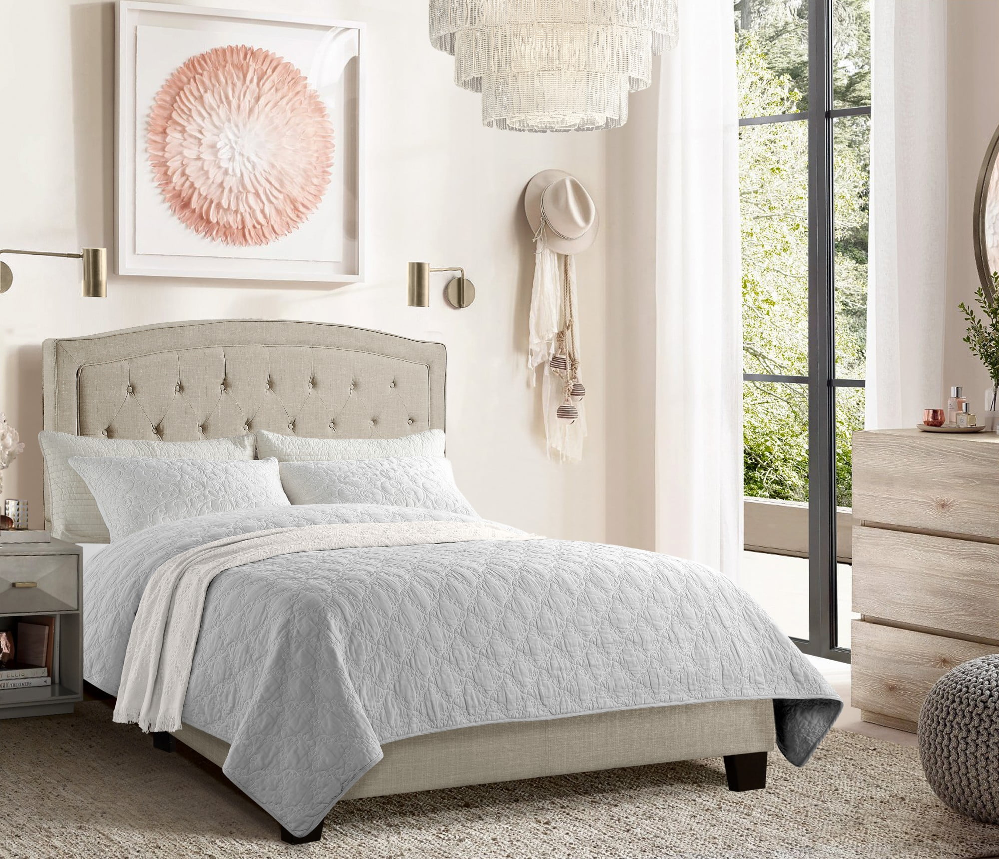 Gewnee King Size Beige Linen Upholstered Bed Frame, Solid Wood Slat Support & Sturdy Structure, Ideal for Bedroom, Box Spring Required