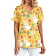 thumbnail image 2 of HAVUITYY Printed Scrubs for Women, Plus Sized Easter Pattern V-Neck Nurse Tops, Womens Short Sleeve Working Uniform Top with Pockets, Ideal Easter Gifts and Wear, 02-Yellow 3XL, 2 of 5
