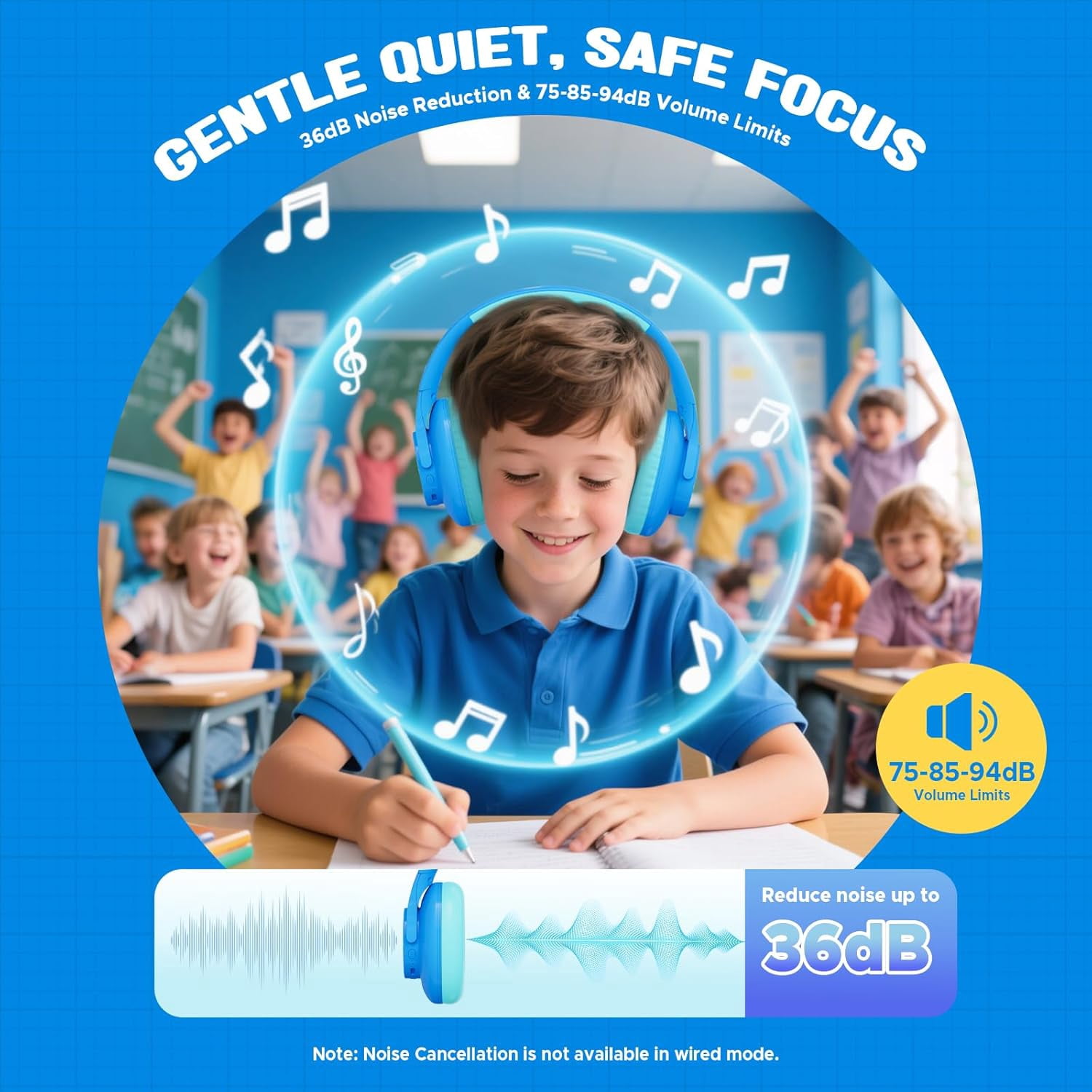 Nova1Lite Kids Wireless Active Noise Cancelling Headphones, Bluetooth 5.3, Safe Volume 74/85/94dB, Real 40H Battery, Type-C Fast Charging, Built-in Mic for School Travel Airplane, Blue