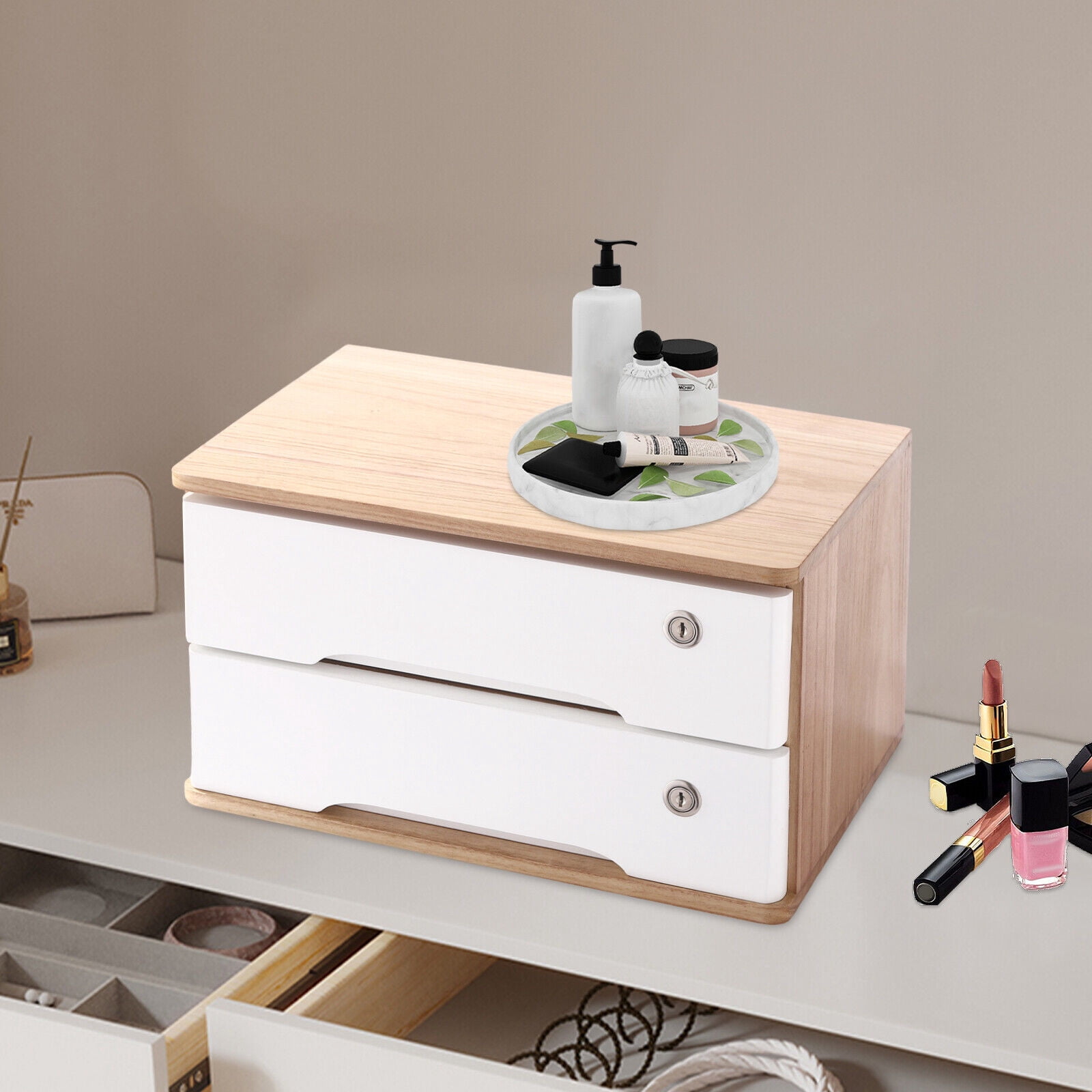 Modern Desktop Storage Box, Desk Organizer, Desktop Storage Box with Lockable Drawers