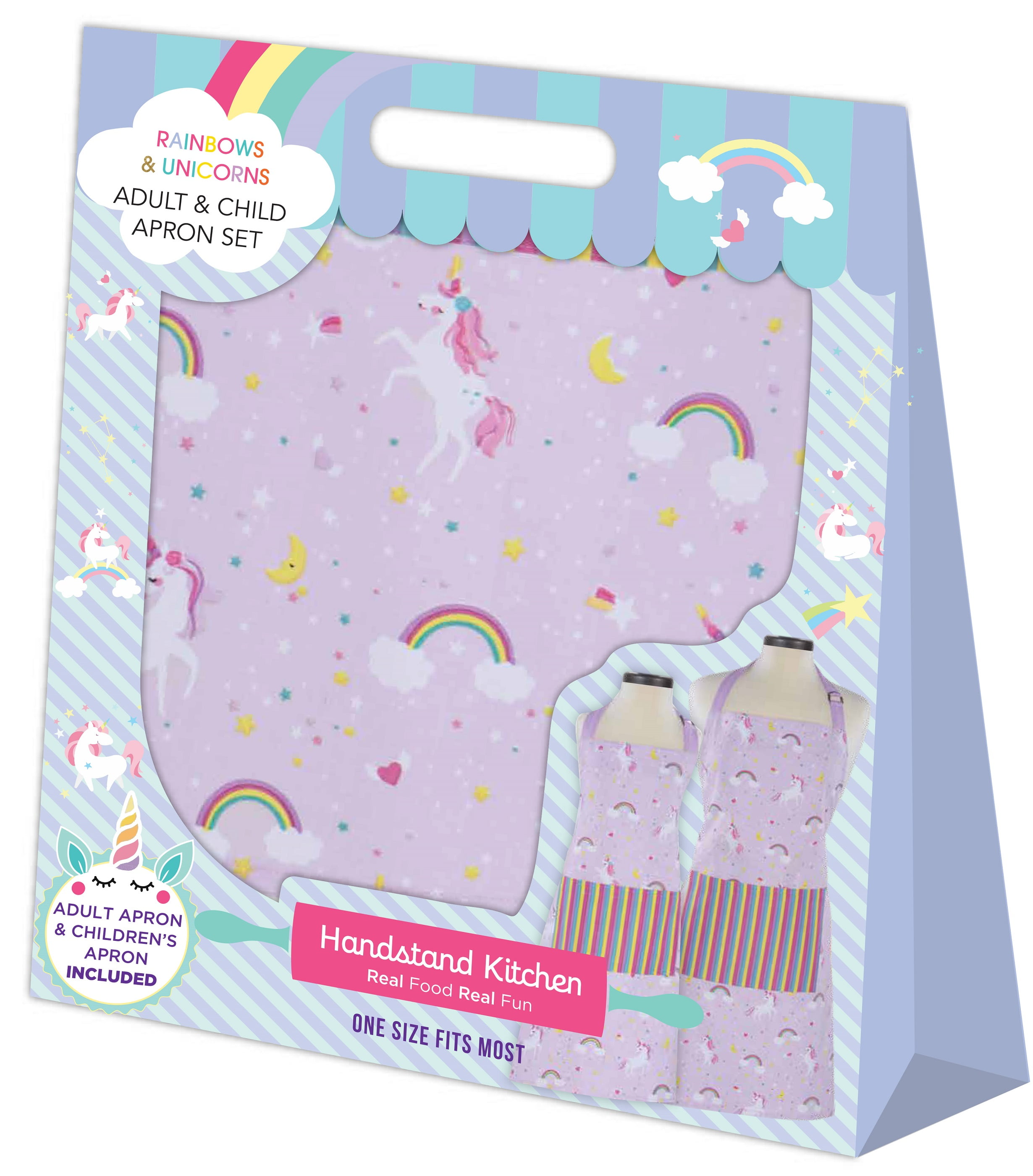 Handstand Kitchen Mother and Daughter 100% Cotton Whimsical Print Apron Set - Rainbows and Unicorns