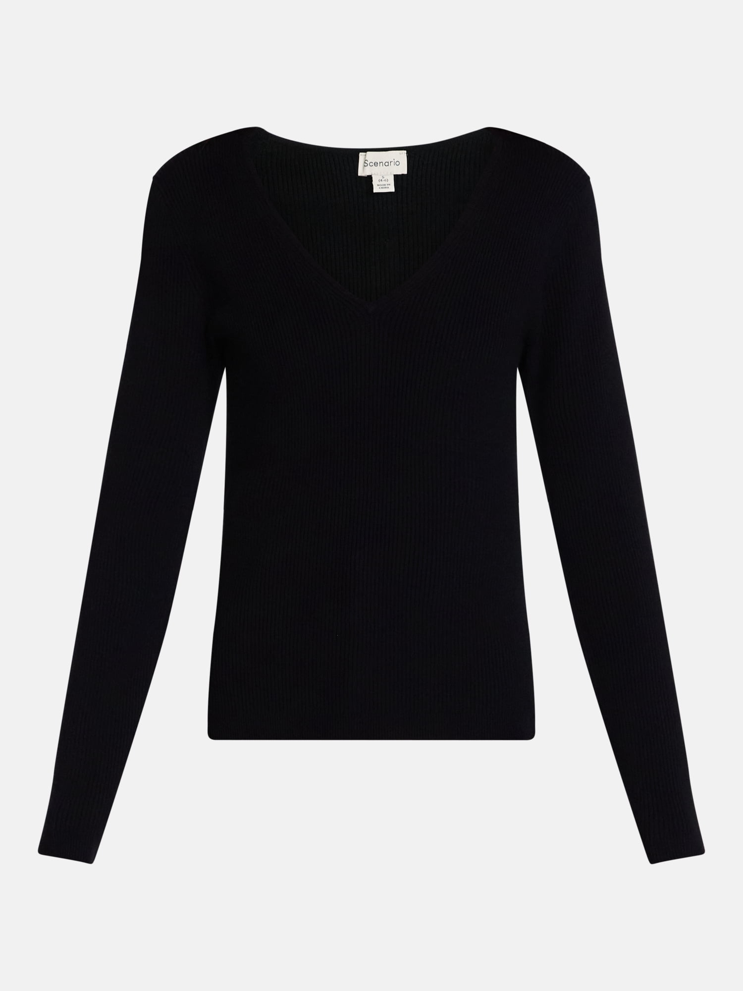 Scenario Women's V-Neck Ribbed Sweater with Long Sleeves, Lightweight, Sizes XS-XXXL