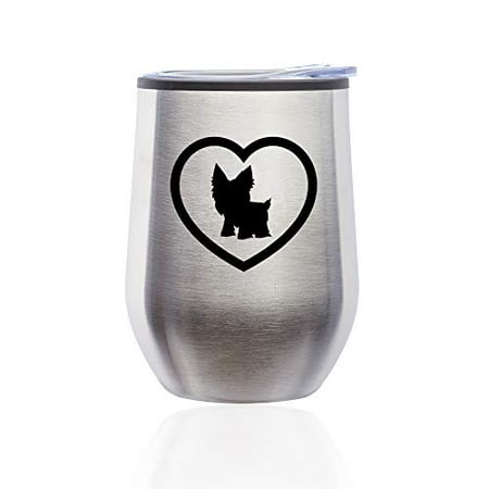

Stemless Wine Tumbler Coffee Travel Mug Glass with Lid Yorkie Heart (Silver)