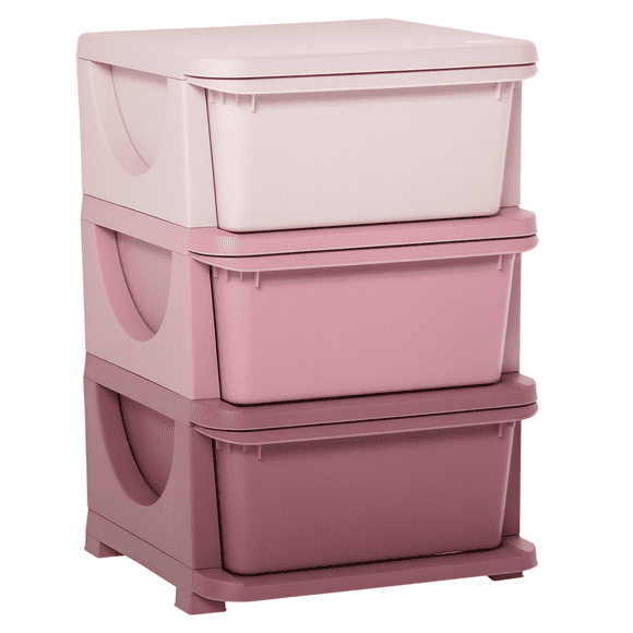 Qaba 3 Tier Kids Toy Organizer with 3 Plastic Storage Bins, Pink