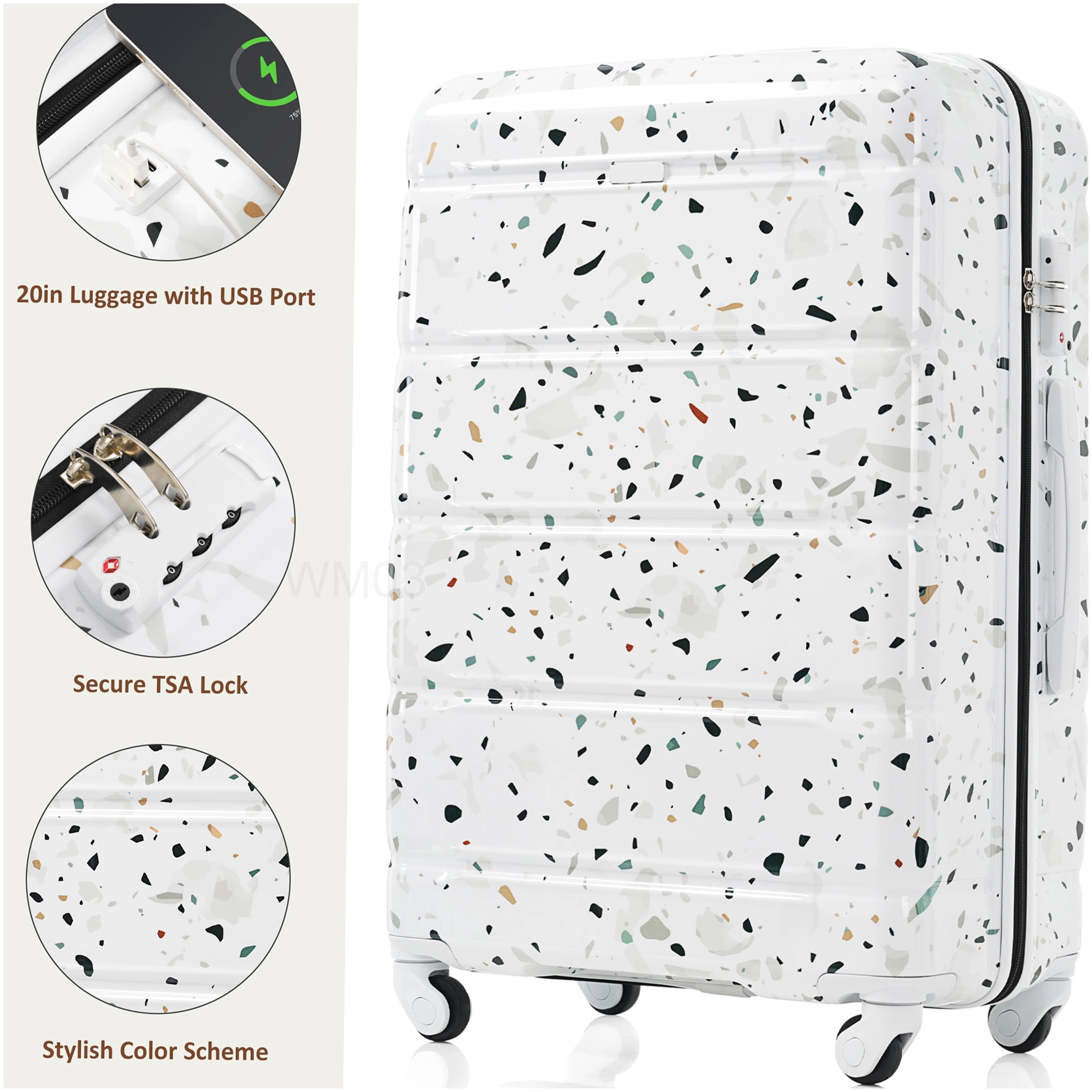 3-Piece Spinner Luggage Set with USB Charging Port, Airline Approved Carry-On, White Hard Shell Suitcase