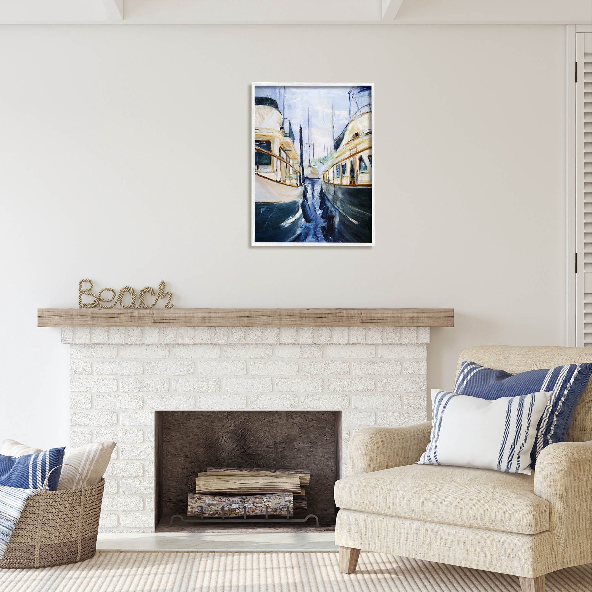 Stupell Industries Marine Harbor Docked Boats Coastal Painting White Framed Art Print Wall Art