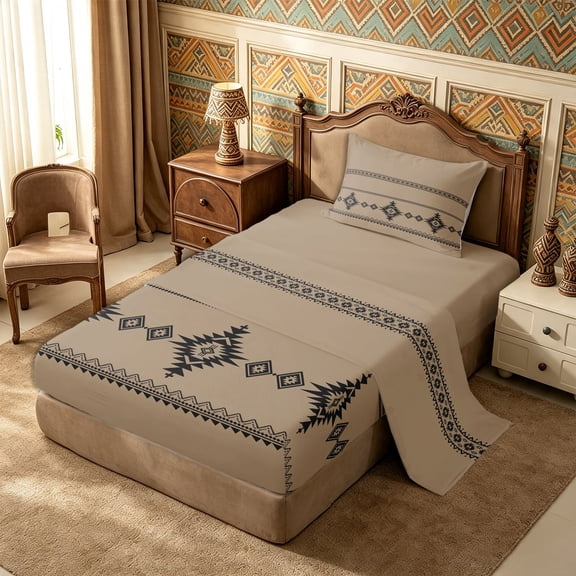 Castle Fairy Bohemian Tribal Aztec Twin Sheets 3pcs,Hippie Boho Bedding,Taupe Black,1 Flat Sheet, 1 Fitted Sheet and 1 Pillowcase