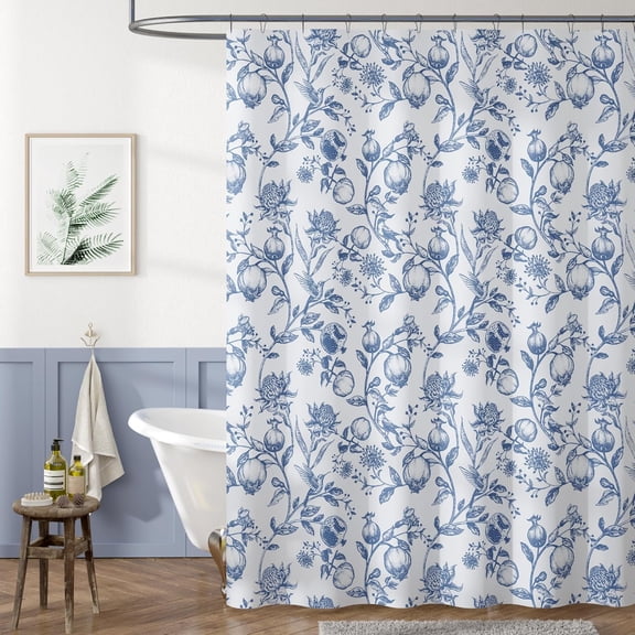 Floral Shower Curtain, Blue Flower Shower Curtains for Bathroom, Vintage White Waterproof Fabric Shower Curtain Elegant Luxury Plant Shower Curtain Set with Hooks (Pomegranate Blue 72x72)