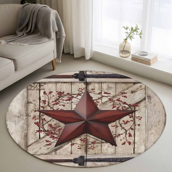 Round Area Rugs Collection 4 Ft, Texas Star Retro Non-Slip Residential Carpet, Red Wooden Berry Vintage Indoor Crawling Mats Runner Rugs for Living Room/Dining Room/Bedroom