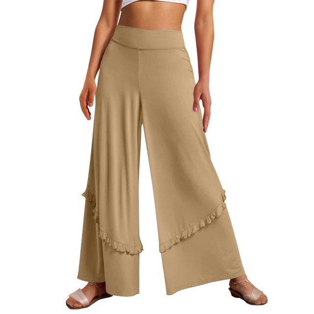 Timegard Wide Leg Pants for Women High Waist Ruffle Solid Color Vacation Travel Casual Loose Trousers