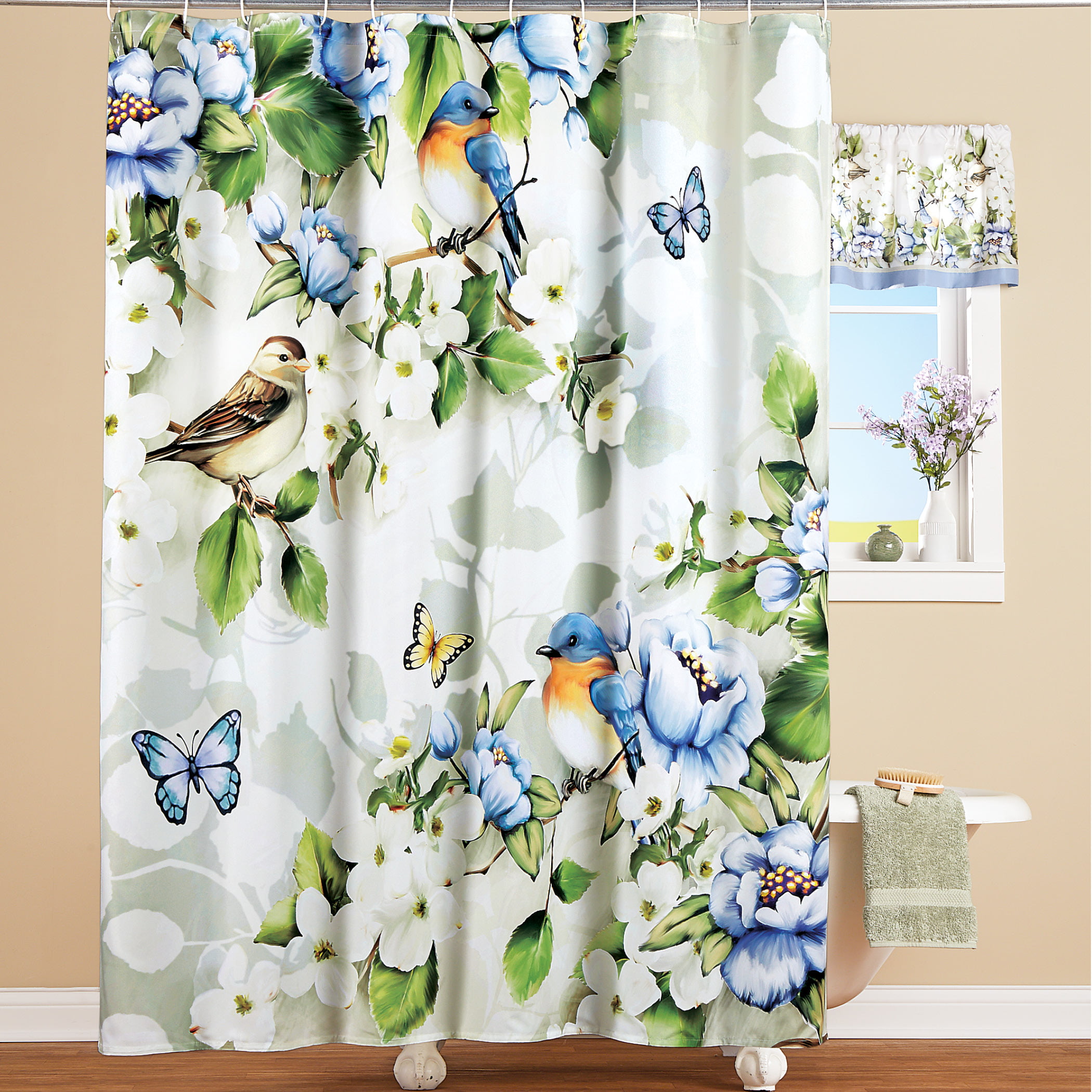 Forest Shower Curtain Flying Birds and Leaves Print for Bathroom 