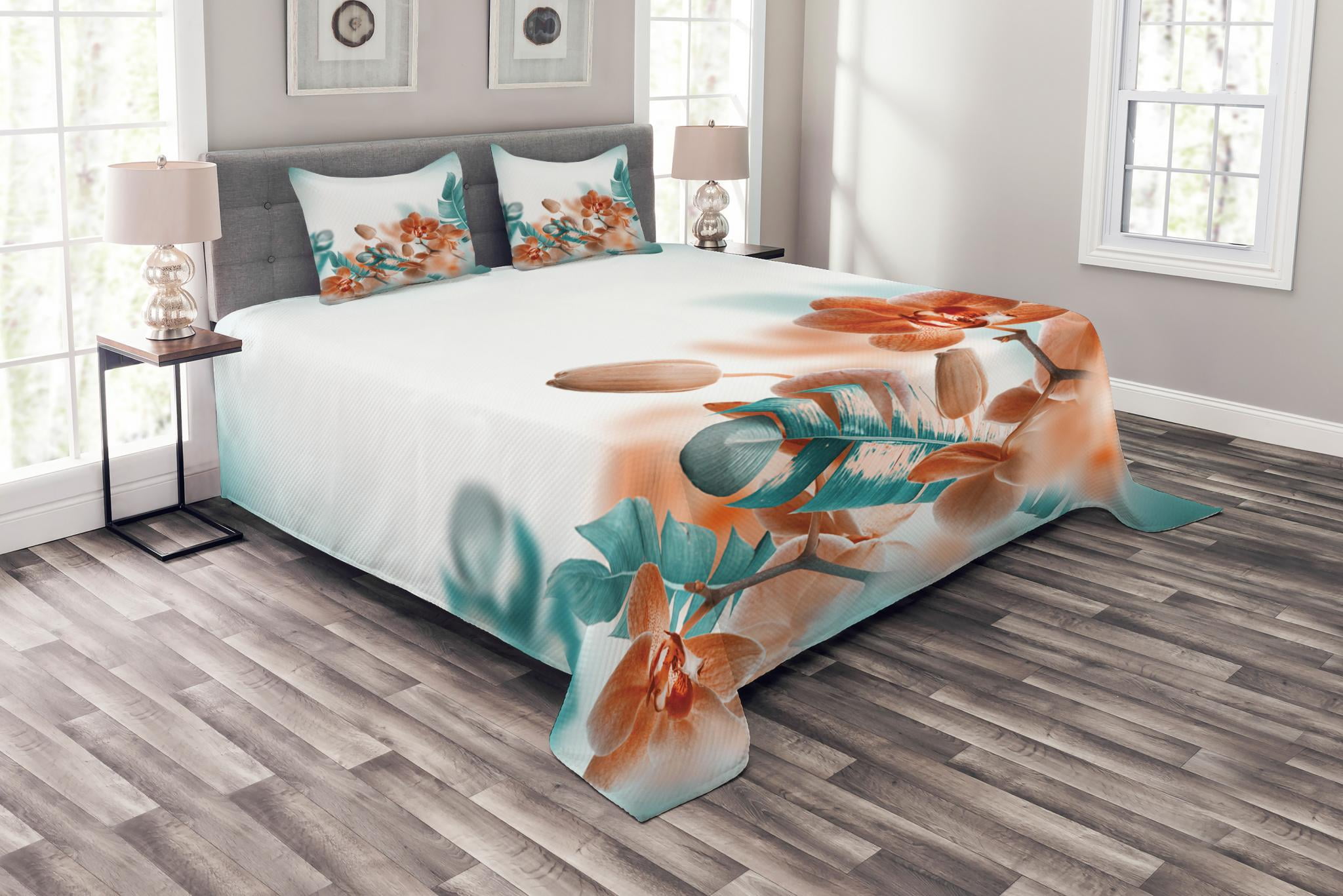 Tropical Bedspread Set King Size, Tropical Orchids Blossom Leaves on
