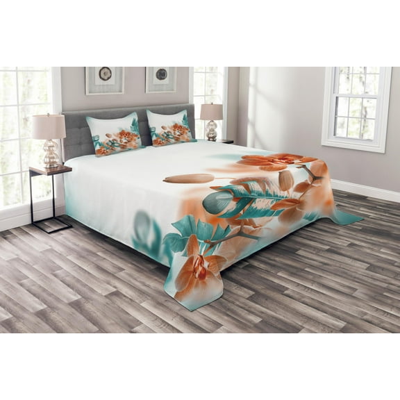 Ambesonne Exotic Quilted Bedspread Set 3 Pcs, Orchids Blossoms Floral, Queen Size, Orange and Teal