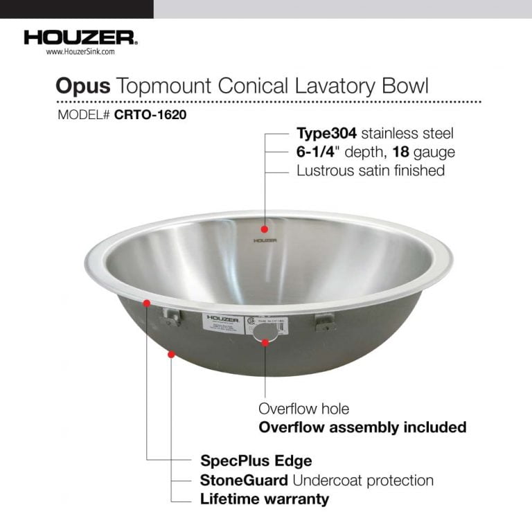Houzer CRTO-1620-5 16 in. Opus Drop-in Round Bowl Bathroom Sink with Overflow Drain Assembly, Stainless Steel - Pack of 5