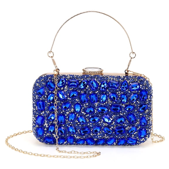 Uxcell Evening Bags Clutch Purses for Women Formal, Gemstone Handbag Crystal Rhinestone Crossbody Square Bag with Chain Shoulder Bag Sparkly for Wedding Guest Party Cocktail Blue