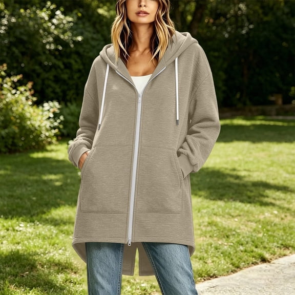 Stralyhd Women's Zip Up Hoodies Oversized Long Tunic Sweatshirts Casual Long Sleeve Cool Weather 2026 Fall Hoodie Jacket Coat Khaki M