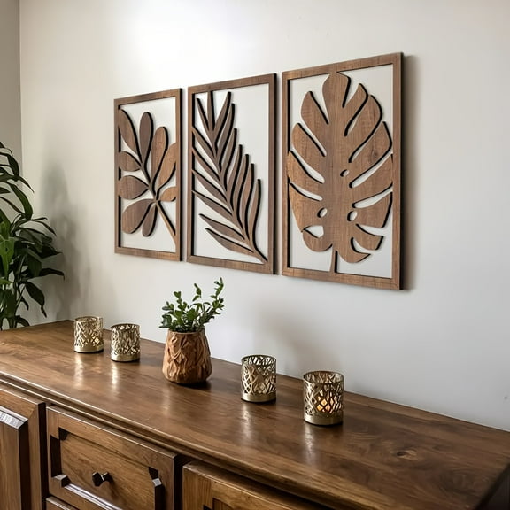3pcs Rustic Wooden Wall Sculpture Set - Large Leaf Design For Living Room, Bedroom, Office Decor - Easy To Install, Reusable Modern Home Art, Room Deco