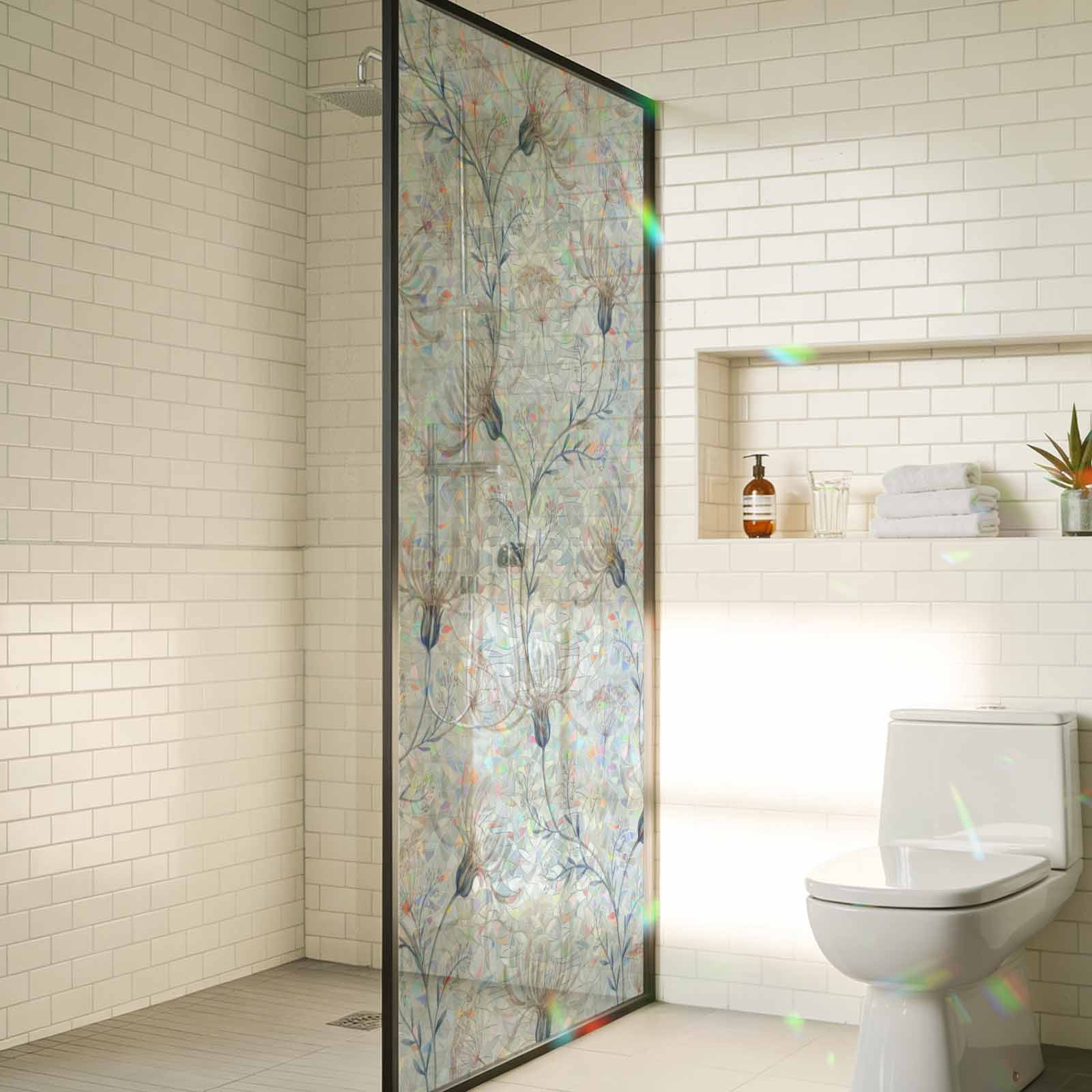 Beige Flowers Window Privacy Film Stain Glass,Reusable Decorative Rainbow Window Film,Watercolor Farmhouse Botanical Floral Static Cling Sun Blocking Stickers Decals Covers 23.6" x 78.7" (2pcs)