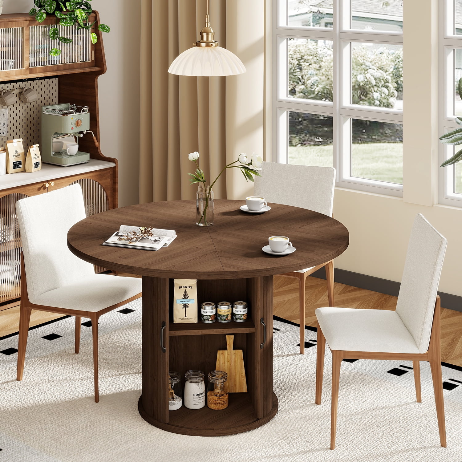 BaPiPro 47-Inch Large Round Dining Table for 4 Person, Modern Farmhouse Kitchen Table with Hidden Storage for Dining Room, Rustic Brown