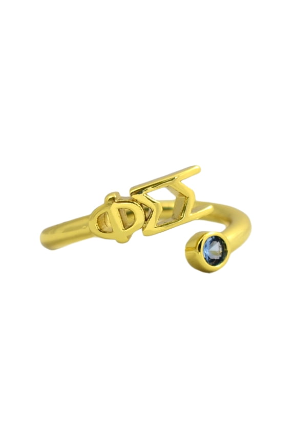 Phi Sigma Sigma Ring, Wraparound Ring with 18k PVD Gold Coating and Cubic Zirconia Sapphire Blue Stone