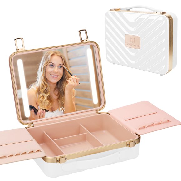 Estuches de viaje para maquillaje y tren Kalolary con espejo iluminado, color blanco