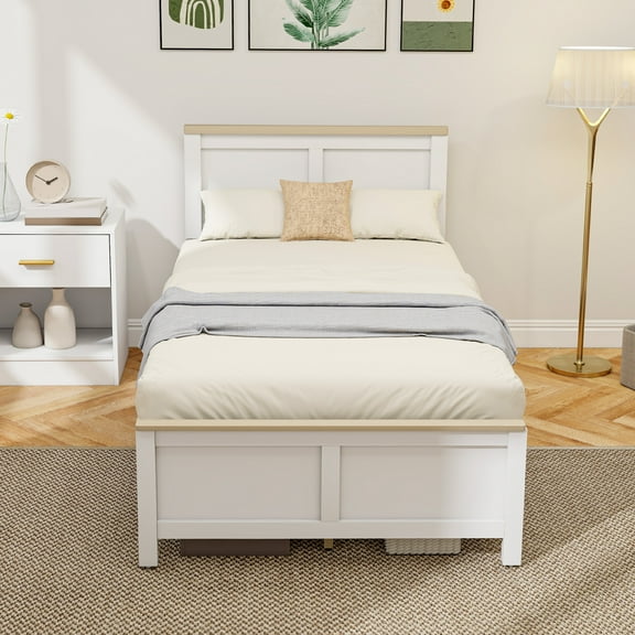 HOMCOM Twin Size Bed Frame with Headboard and Footboard, Twin Platform Bed Frame with Wooden Slats, No Box Spring Needed, Easy Assembly, White