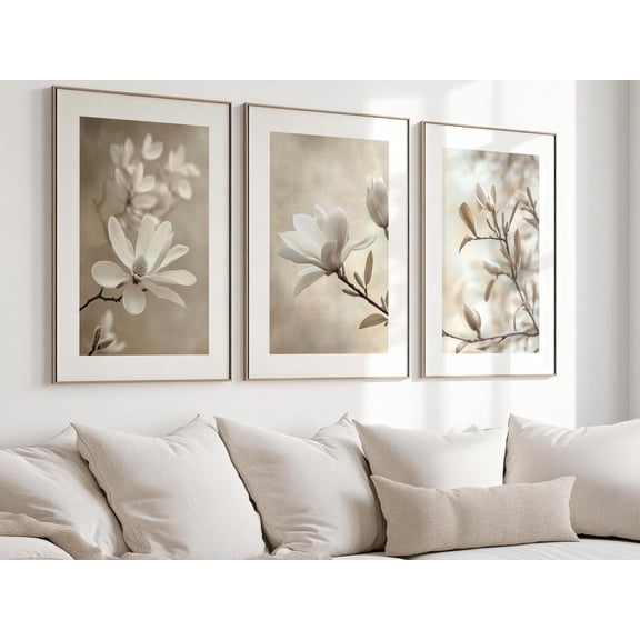 Magnolia Blossom Botanical Sepia Neutral Rustic Set 3 Unframed Paper Print 8x12