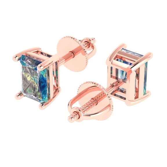 2.0 Ct Emerald Cut Studs Blue Moissanite 14K Rose Solid Solid Gold Everyday Dainty Earrings Screw Back