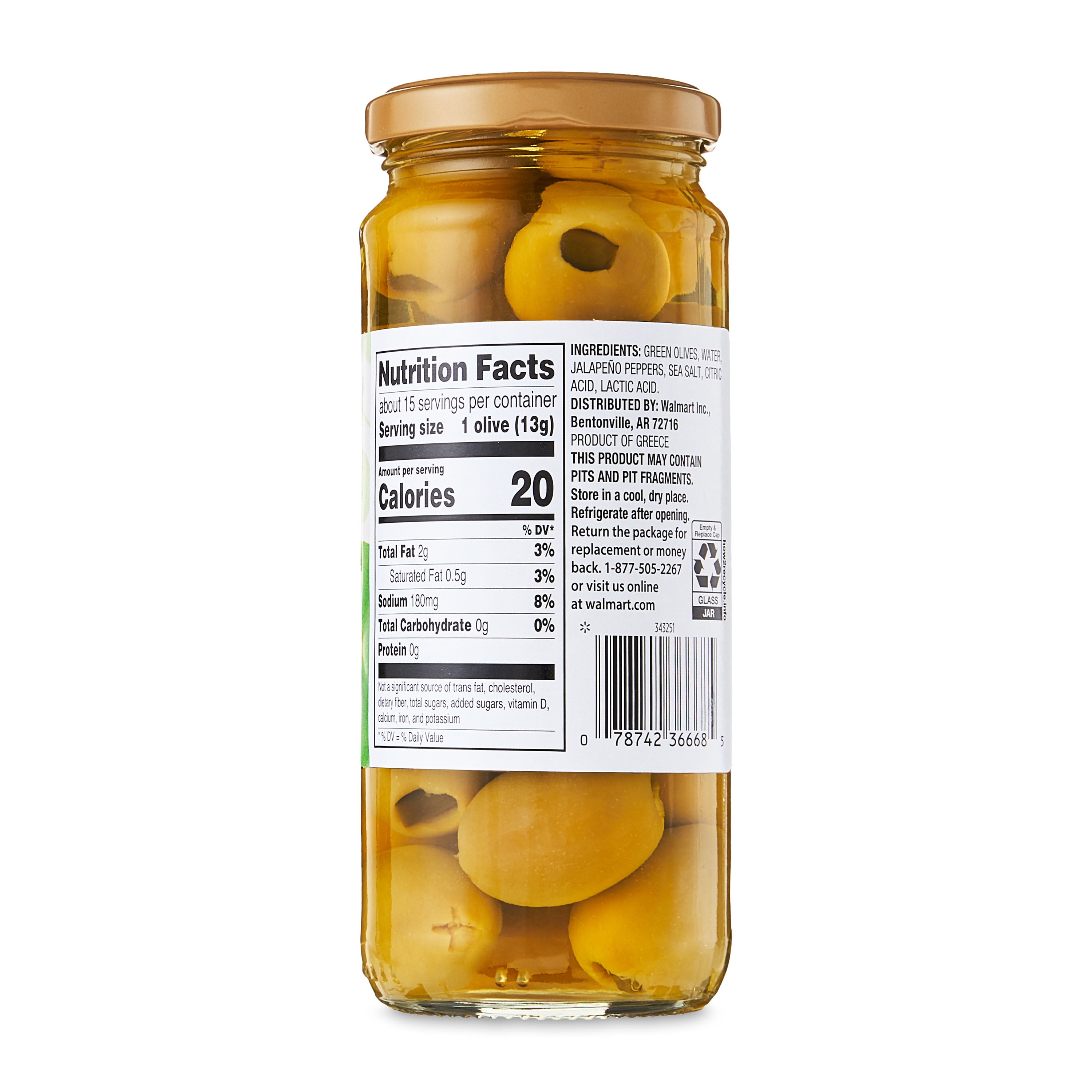 Great Value Stuffed Jalapeno Green Olives 7oz Jar Salty Savory