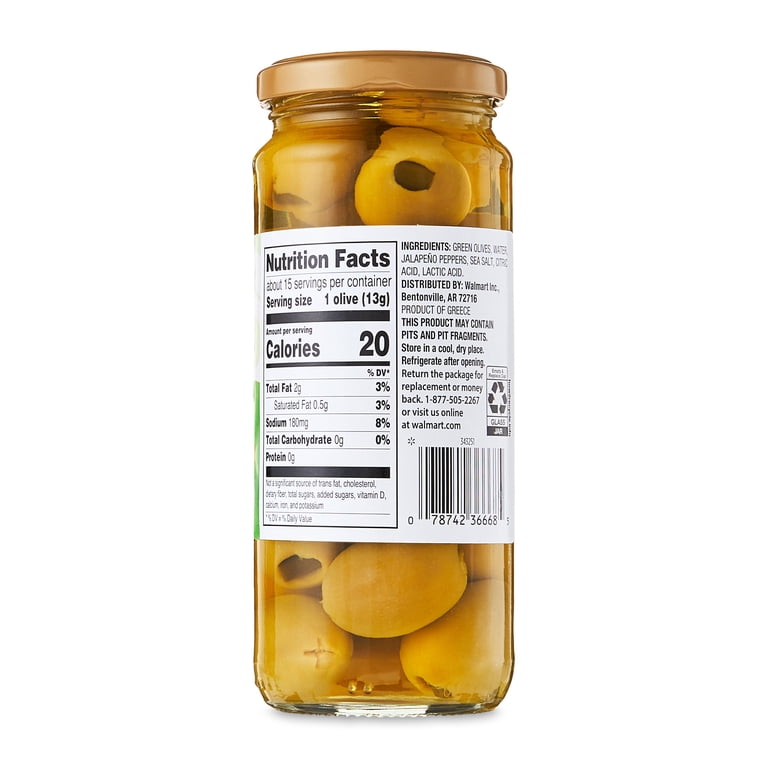 Great Value Stuffed Jalapeno Green Olives 7oz Jar Salty Savory