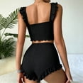 thumbnail image 4 of FRSASU 2 Piece Pajama Set for Women Ruffle Strap Ruched Sleeveless Ribbed Knit Cami Top and Ruffle Shorts Summer Loungewear Black-A, 4 of 6