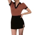 thumbnail image 1 of Camisa de manga corta para mujer, cuello vuelto, cuello en V, cómoda, transpirable, camisa de verano para mujer, Top para fiesta diaria, marrón, M, 1 of 13