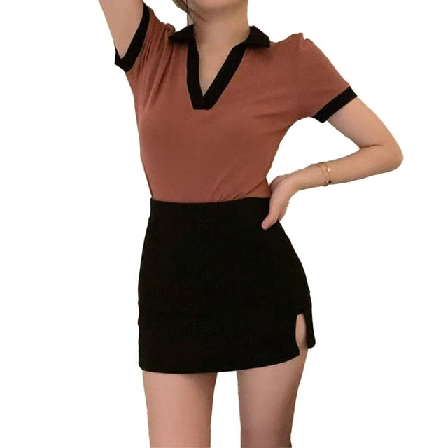Camisa de manga corta para mujer, cuello vuelto, cuello en V, cómoda, transpirable, camisa de verano para mujer, Top para fiesta diaria, marrón, M