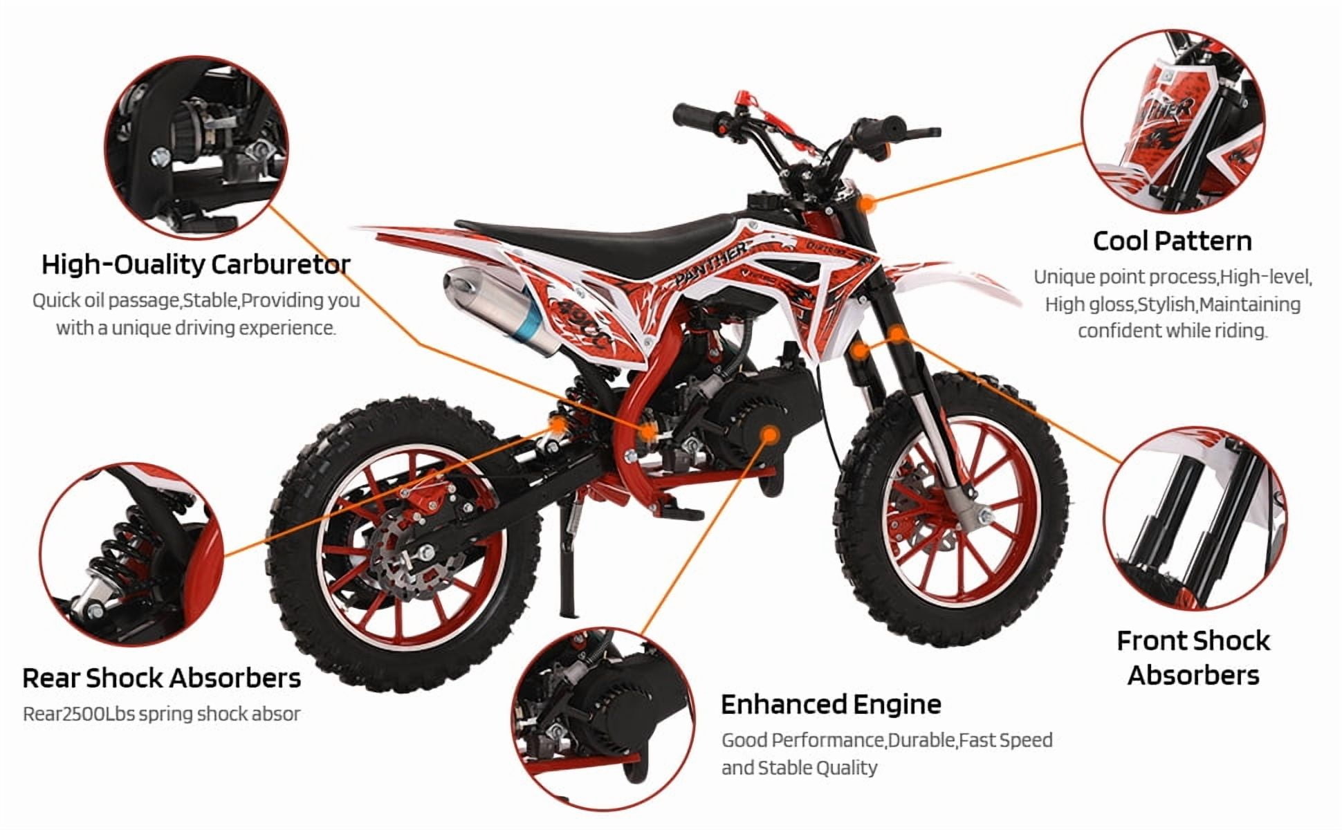 49cc 2-Stroke Kids Dirt Bike - 40KM/H Gas Powered Off-Road Motorcycle with Front/Rear Disc Brakes (Red)