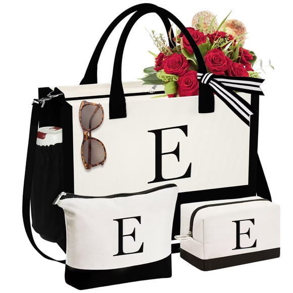 YOOLIFE Bolsa de lona con inicial y bolsa de maquillaje, regalos de cumpleaños personalizados para mujeres, mamá, hija, hermana, amigas, maestra, regalos de boda para dama de honor