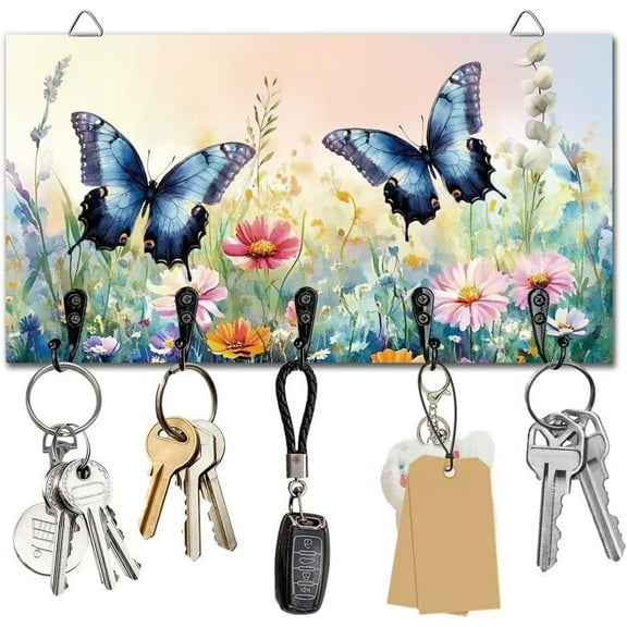 Flowers Butterfly Key Holder Wall Mounted Wooden Keys Racks Storage Organizer Hanger with 5 Key Hooks House Key Holder for Wall Decor Door Entryway Hallway Kitchen New Home Gift